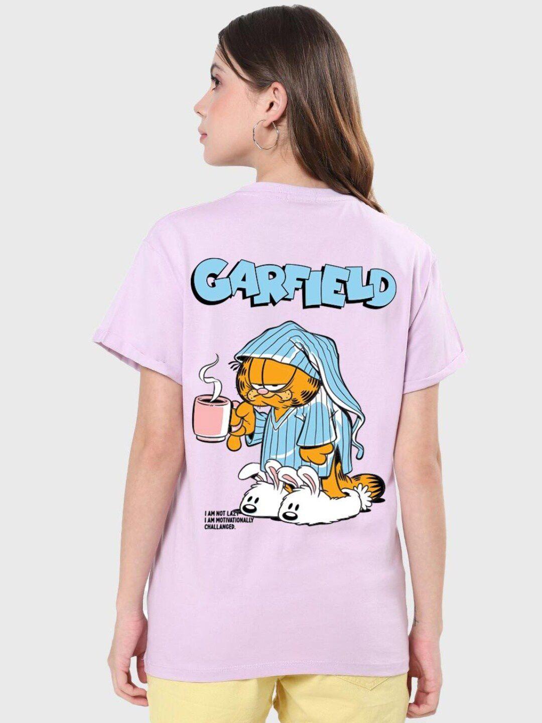 bewakoof purple garfield printed cotton loose fit t-shirt