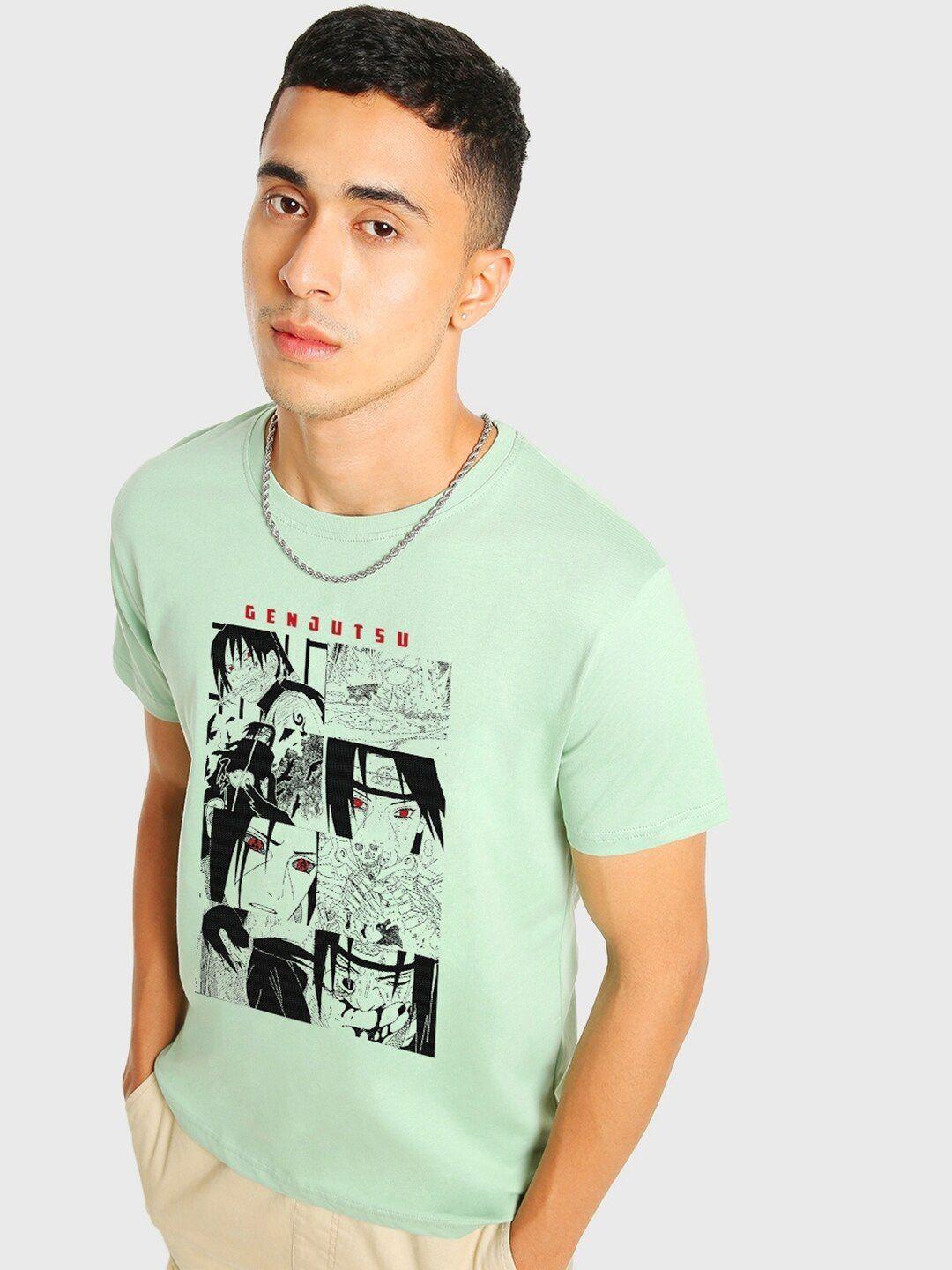 bewakoof sea green & black printed pure cotton t-shirt