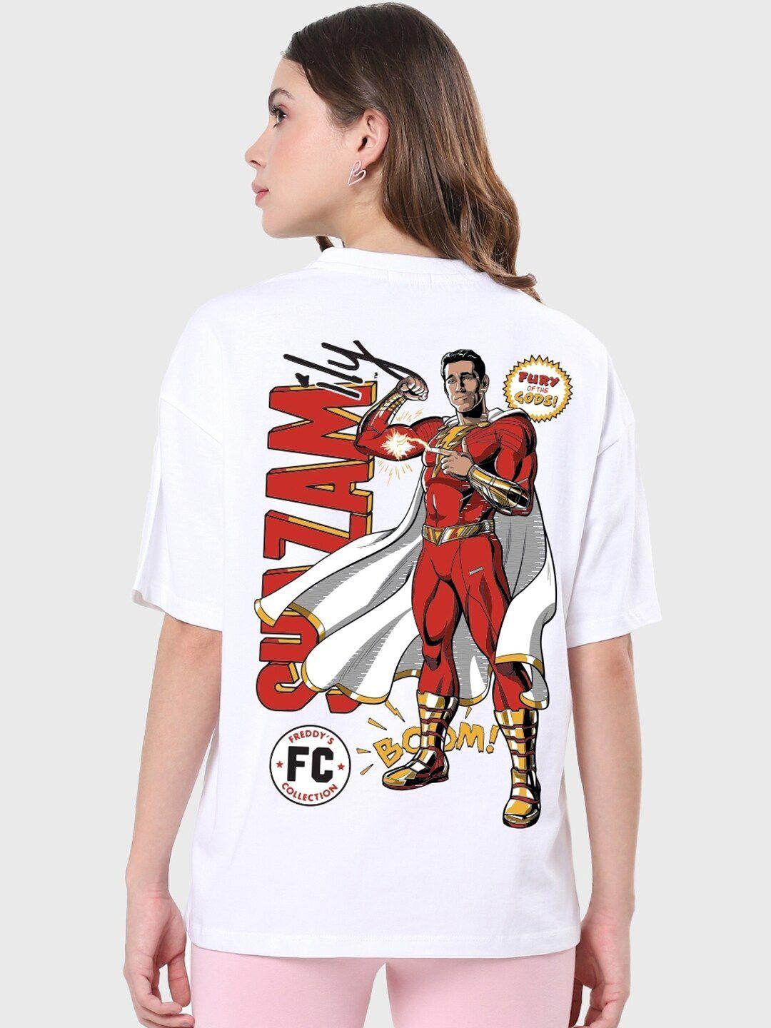 bewakoof shazam superhero printed drop-shoulder sleeves oversized cotton t-shirt