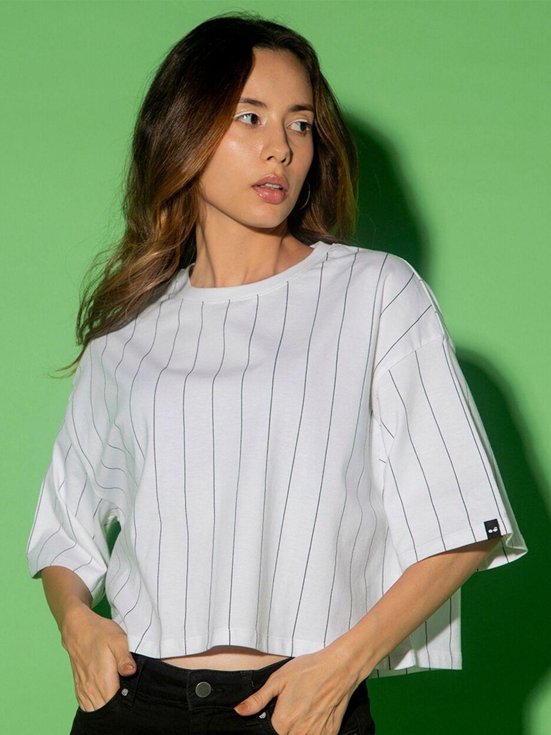 bewakoof striped cotton drop-shoulder sleeves oversized t-shirt