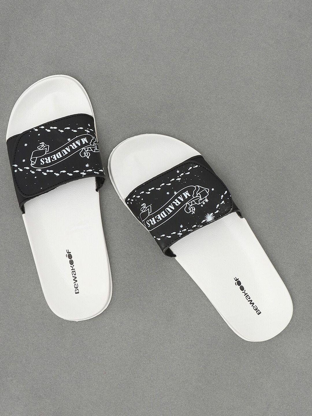 bewakoof white & black printed slider flop-flops