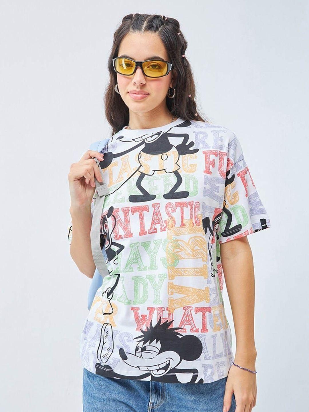 bewakoof white mickey mouse printed pure cotton oversized t-shirt