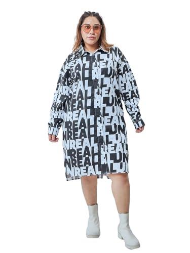 bewakoof women's all over printed oversized fit full sleeve collared cotton twill plus size shirt dress 603369 white 6xl