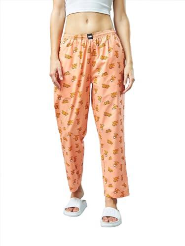 bewakoof women's all over printed regular fit poplin pyjamas_604946_orange_xs