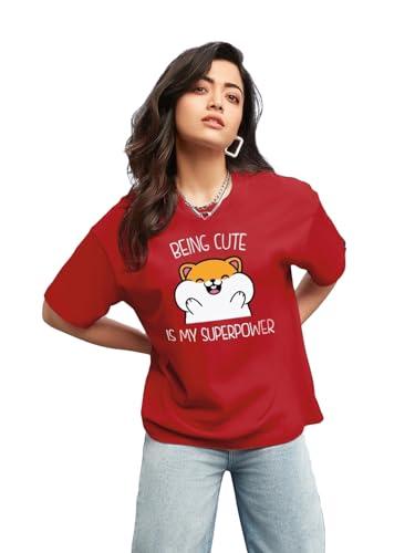 bewakoof women's being cute is my super power graphic print 100% cotton t-shirt- oversized fit, round neck, half sleeve