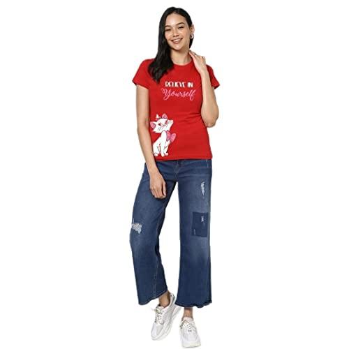 bewakoof women's believe cat graphic print cotton t-shirt- regular fit, round neck, half sleeves 578710_red_l