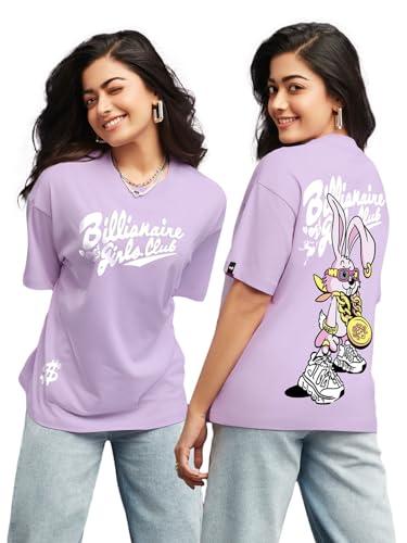 bewakoof women's billionaire girls club graphic printed 100% cotton t-shirt - oversized fit, round neck, half sleeves_604125_purple_3xl