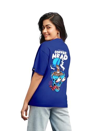 bewakoof women's coffee head graphic printed oversized cotton t-shirt oversized fit, round neck, half sleeves_589845_blue_2xl