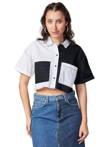 bewakoof women's color block oversized fit half sleeve collared neck cotton blend cropped shirt_617281_white_3xl