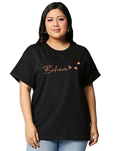 bewakoof women's minimal believe graphic printed plus size boyfriend t-shirt, boyfriend fit, round neck, half sleeve_590031_black_6xl