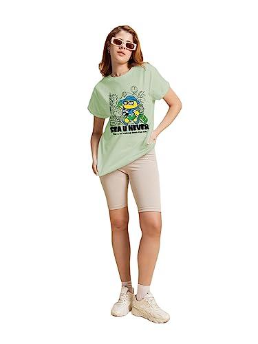 bewakoof women's sea u never graphic print cotton t-shirt- boyfriend fit, round neck, half sleeves 585491_green_m