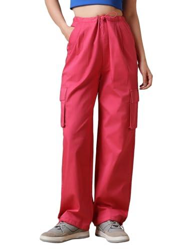 bewakoof women's solid 100% cotton parachute pants - oversized fit_589666_pink_3xl