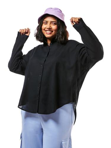 bewakoof women's solid oversized fit full sleeve collared cotton linen plus size shirt_ 628216_ black_ 4xl