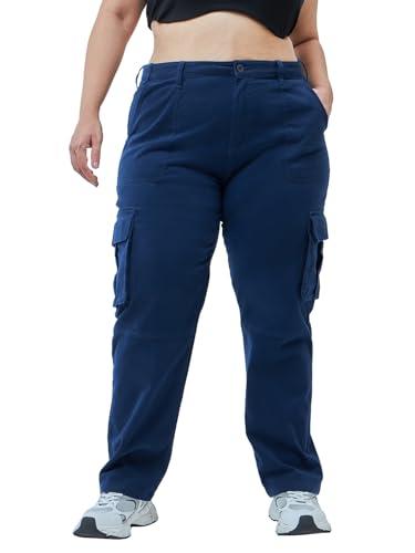 bewakoof women's solid regular fit cotton blend plus size casual pants_620016_blue_40