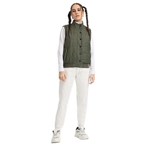 bewakoof women's solid regular fit sleeveless stand collar nylon jacket