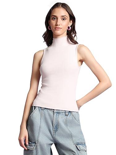 bewakoof women's solid rib top - slim fit, high neck, sleeveless_584453_pink_m