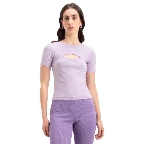 bewakoof women's solid rib top - slim fit, round neck, half sleeves