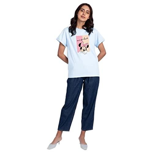 bewakoof women's unique minnie (dl) graphic print cotton t-shirt- boyfriend fit, round neck, half sleeves 567852_blue_s