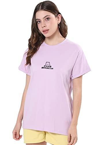 bewakoof women's why fall in love graphic print cotton t-shirt- loose fit, round neck, half sleeves 578838_purple_xl