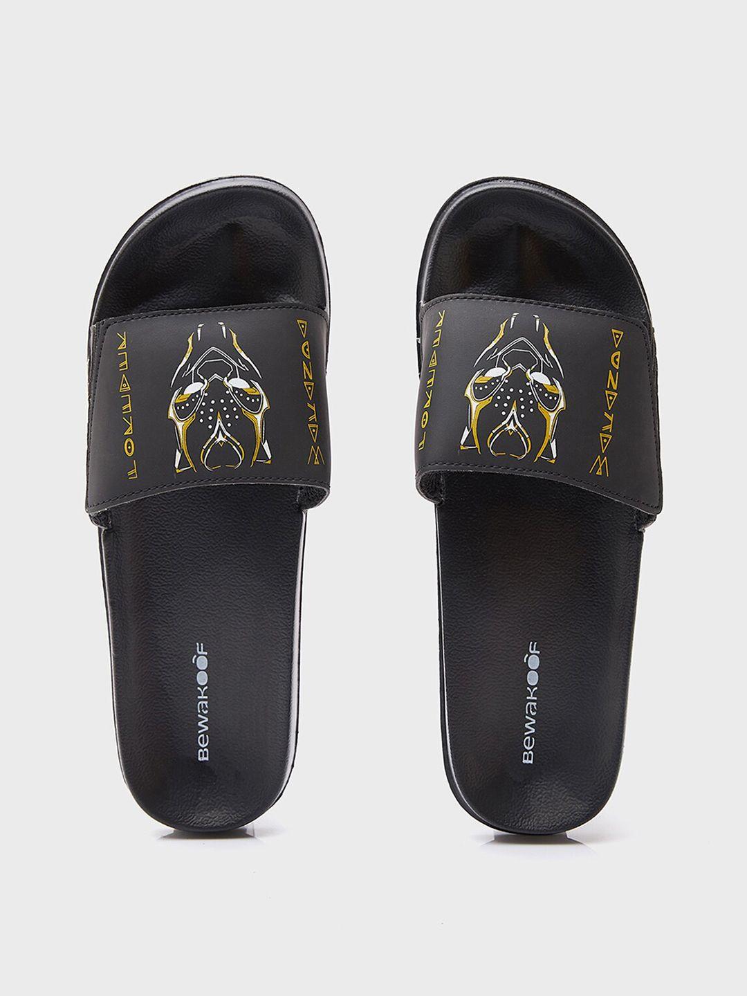 bewakoof women black & yellow wakadnda forever printed rubber sliders with velcro