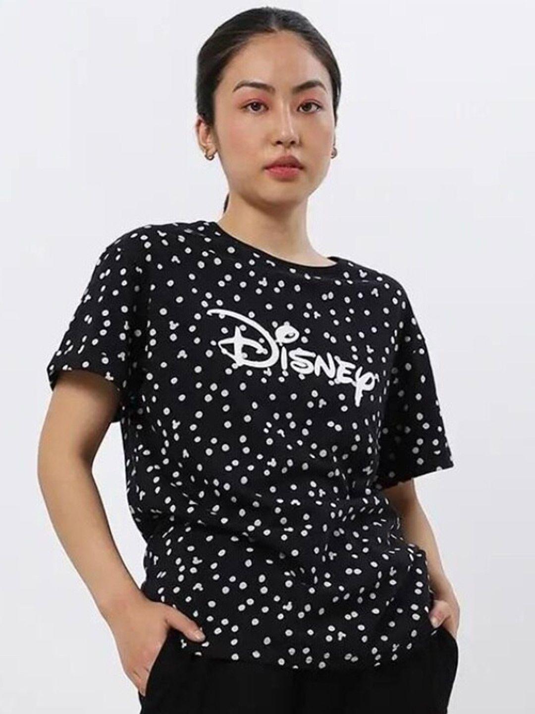 bewakoof women black disney polka dots printed loose t-shirt