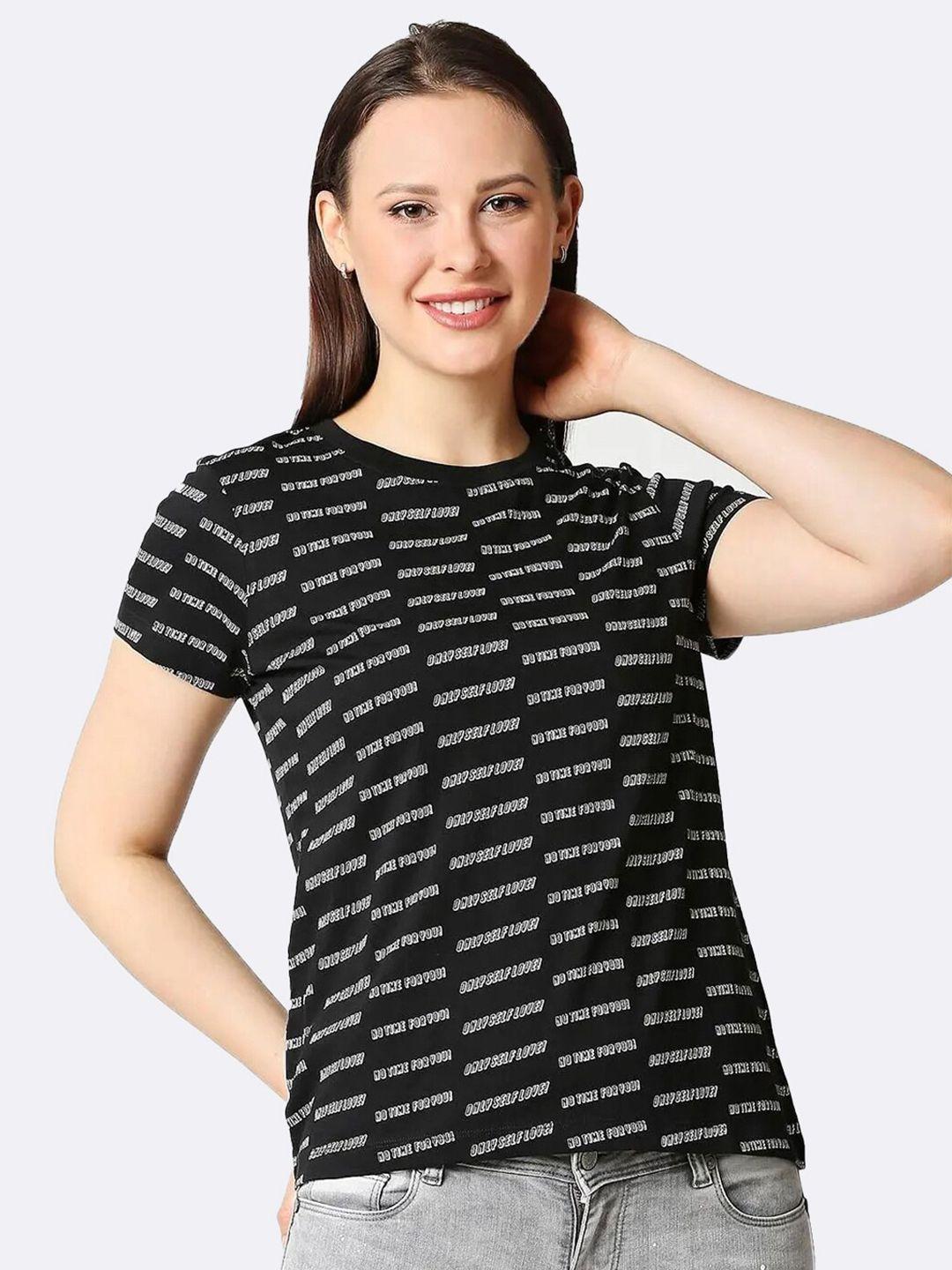 bewakoof women black typography printed pure cotton t-shirt