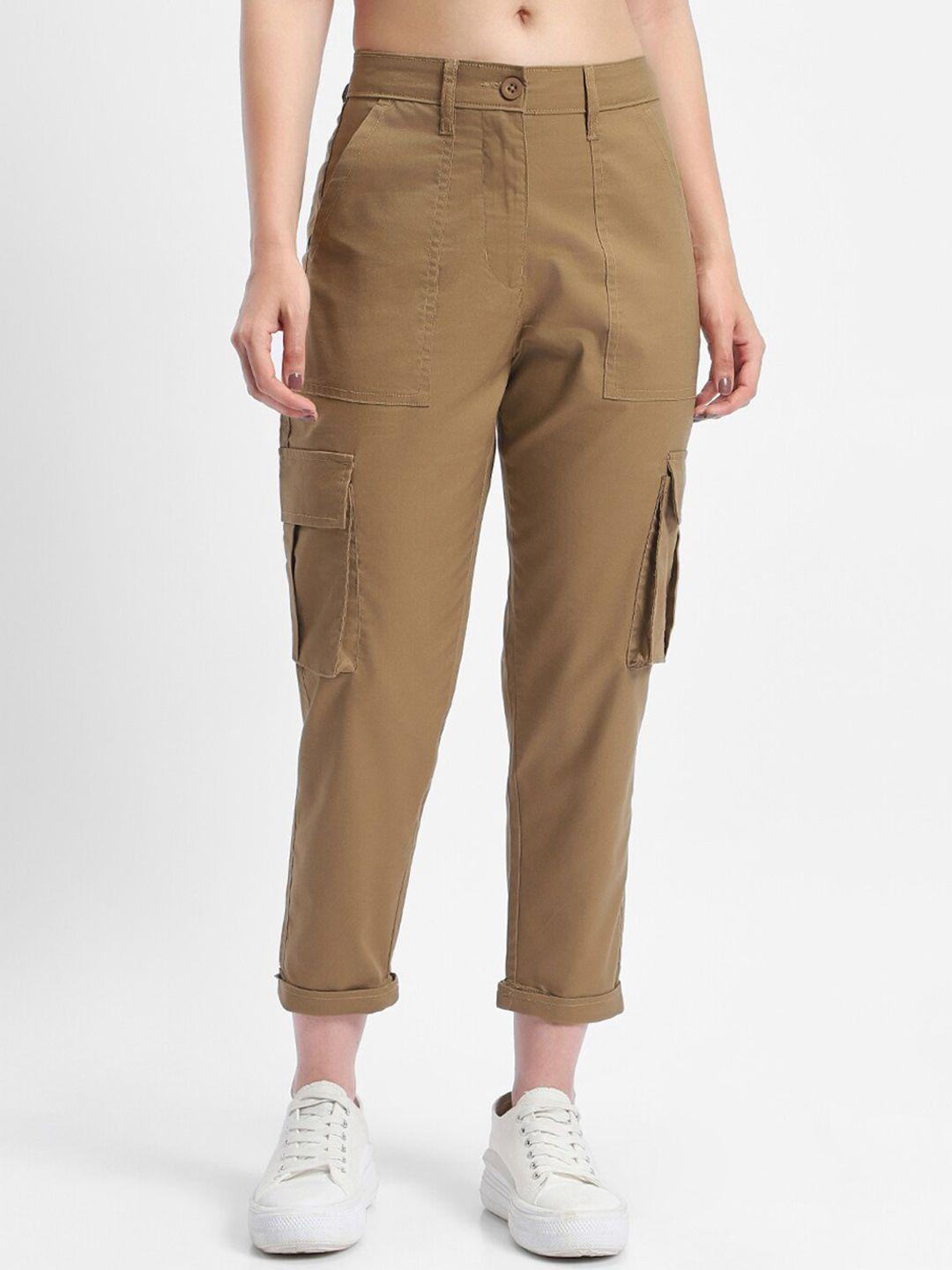 bewakoof women brown mid-rise tapered fit pure cotton cargos trousers