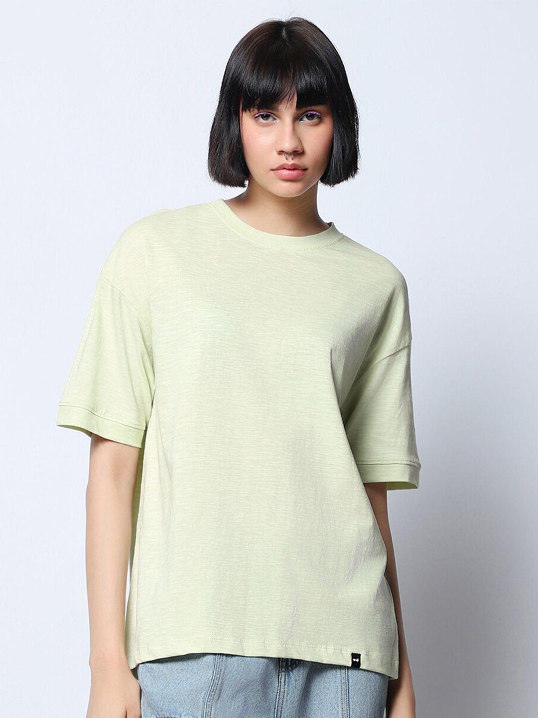 bewakoof women green v-neck raw edge t-shirt