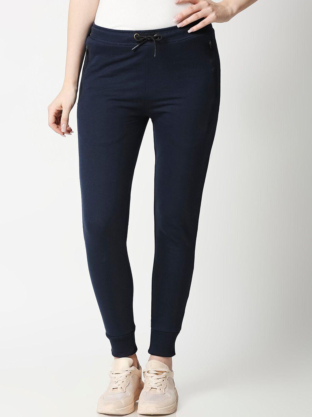 bewakoof women navy-blue solid zipper joggers