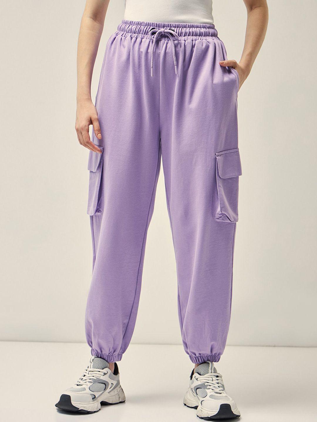 bewakoof women purple loose fit mid-rise cotton joggers