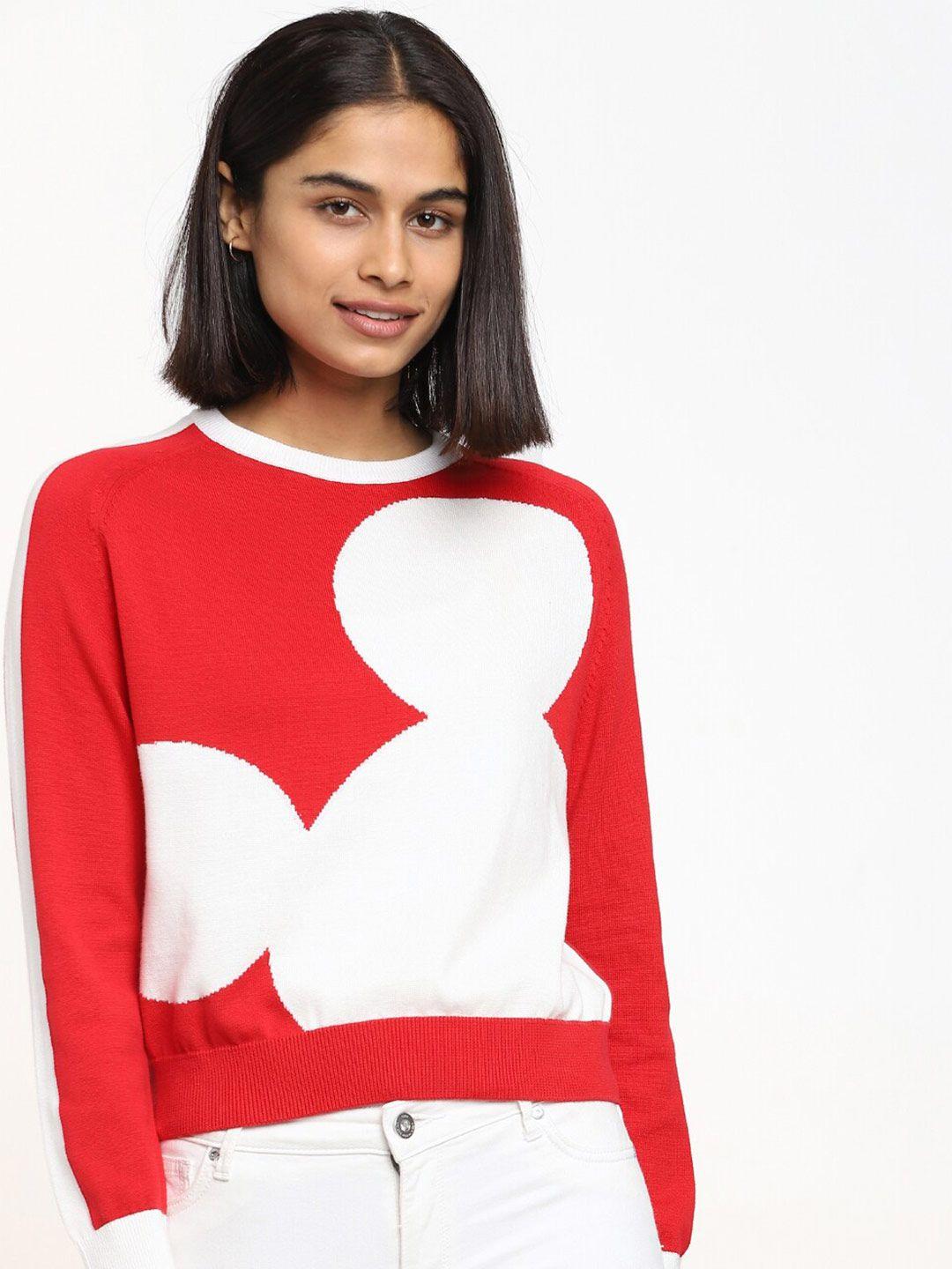 bewakoof women red & white self design flat knit sweater