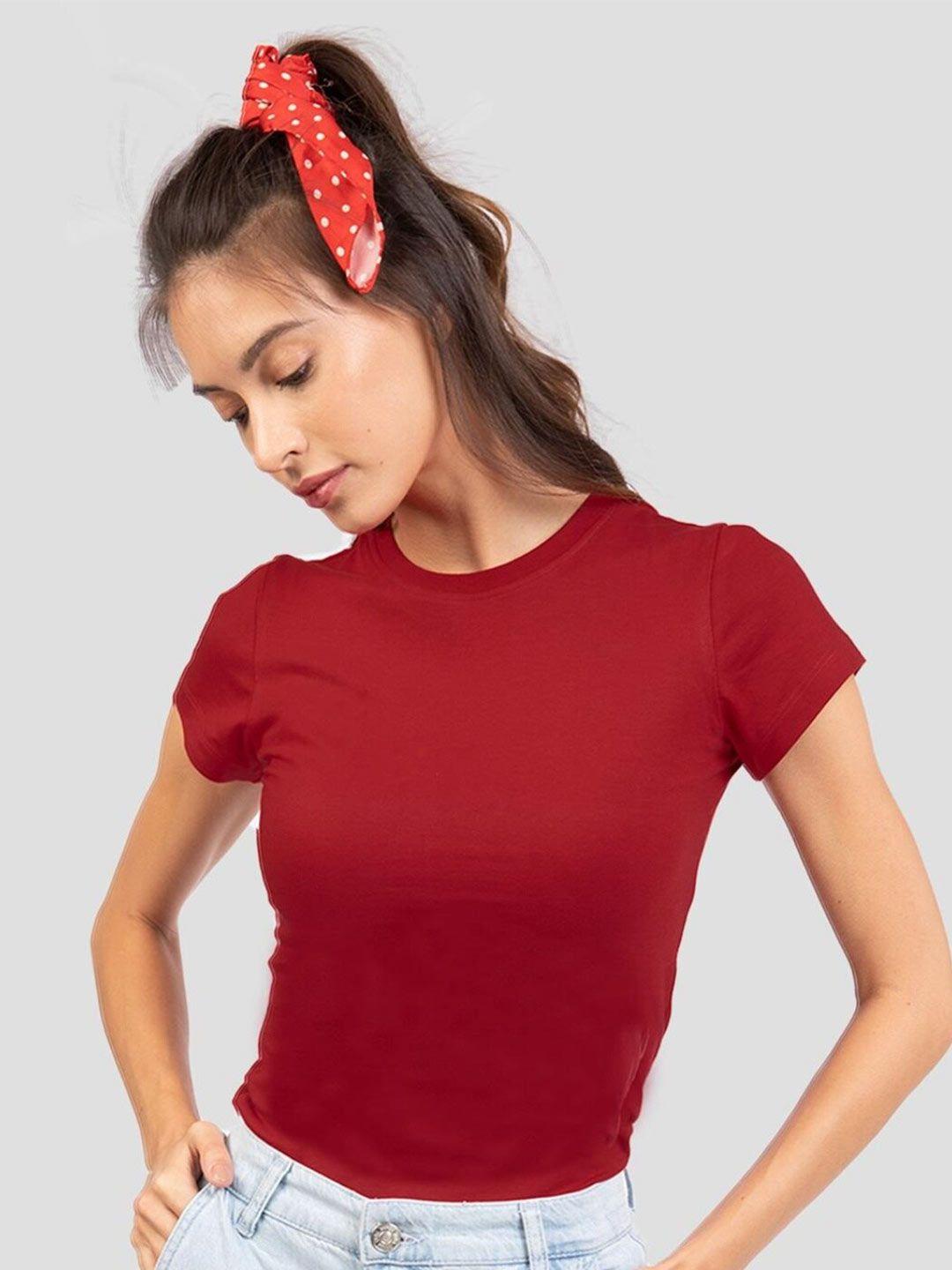 bewakoof women red pure cotton slim fit t-shirt