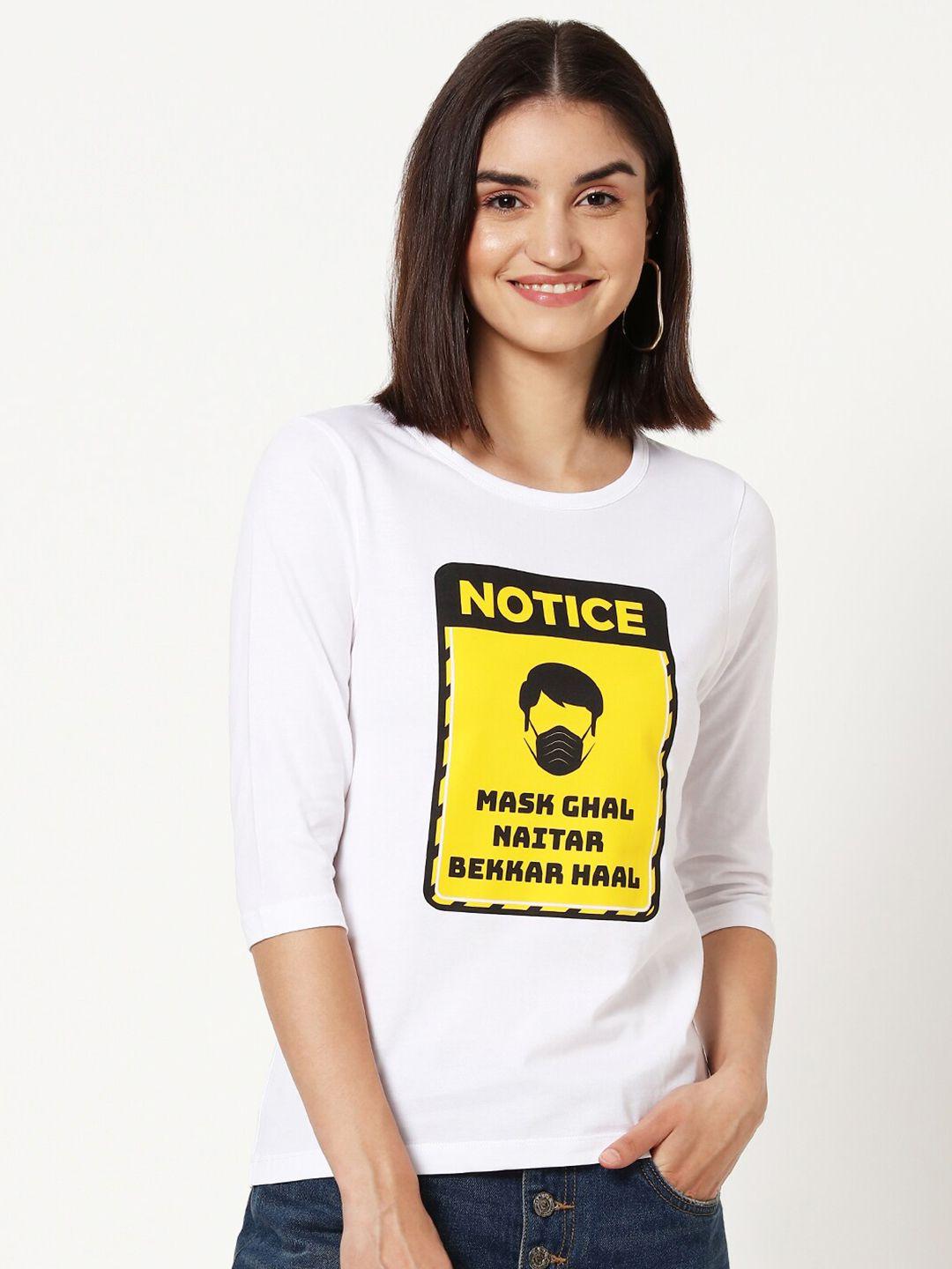 bewakoof women white & yellow 'mask ghal 'typography print t-shirt