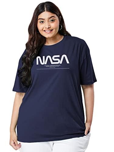 bewakoof x official nasa merchandise women's spaced nasa typography 100% cotton t-shirt- oversized fit, round neck, half sleeves