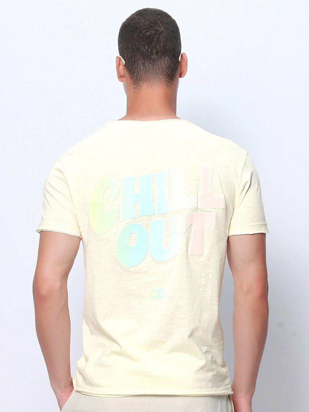 bewakoof yellow & pink typography printed raw edge pure cotton t-shirt