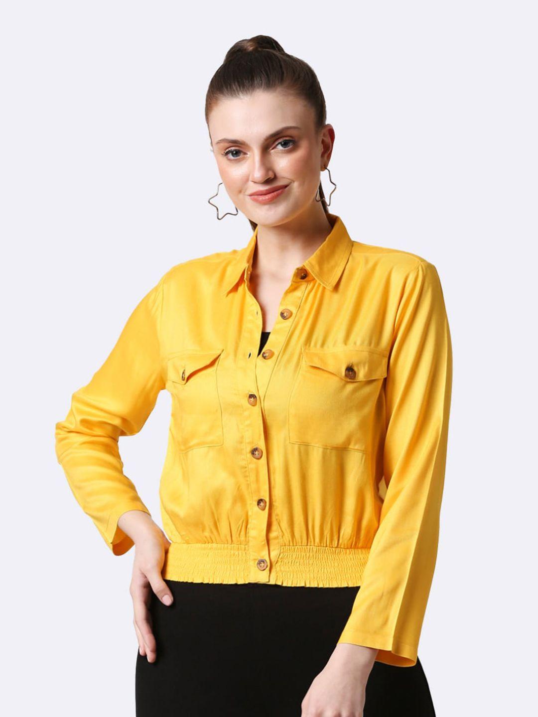 bewakoof yellow mandarin collar shirt style top