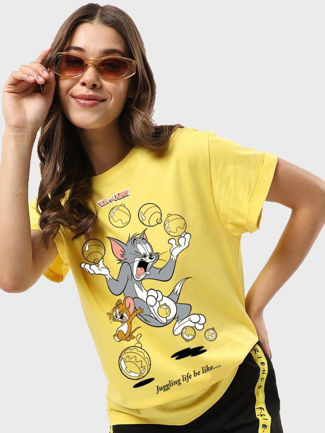 bewakoof yellow tom & jerry printed cotton relaxed fit t-shirt