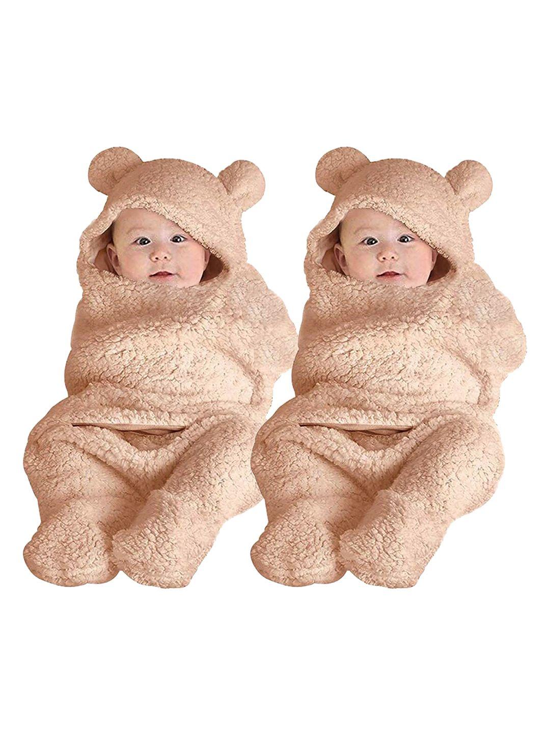 beybee infants kids pack of 2 beige printed 3 in 1 hooded baby blanket cum wrapper