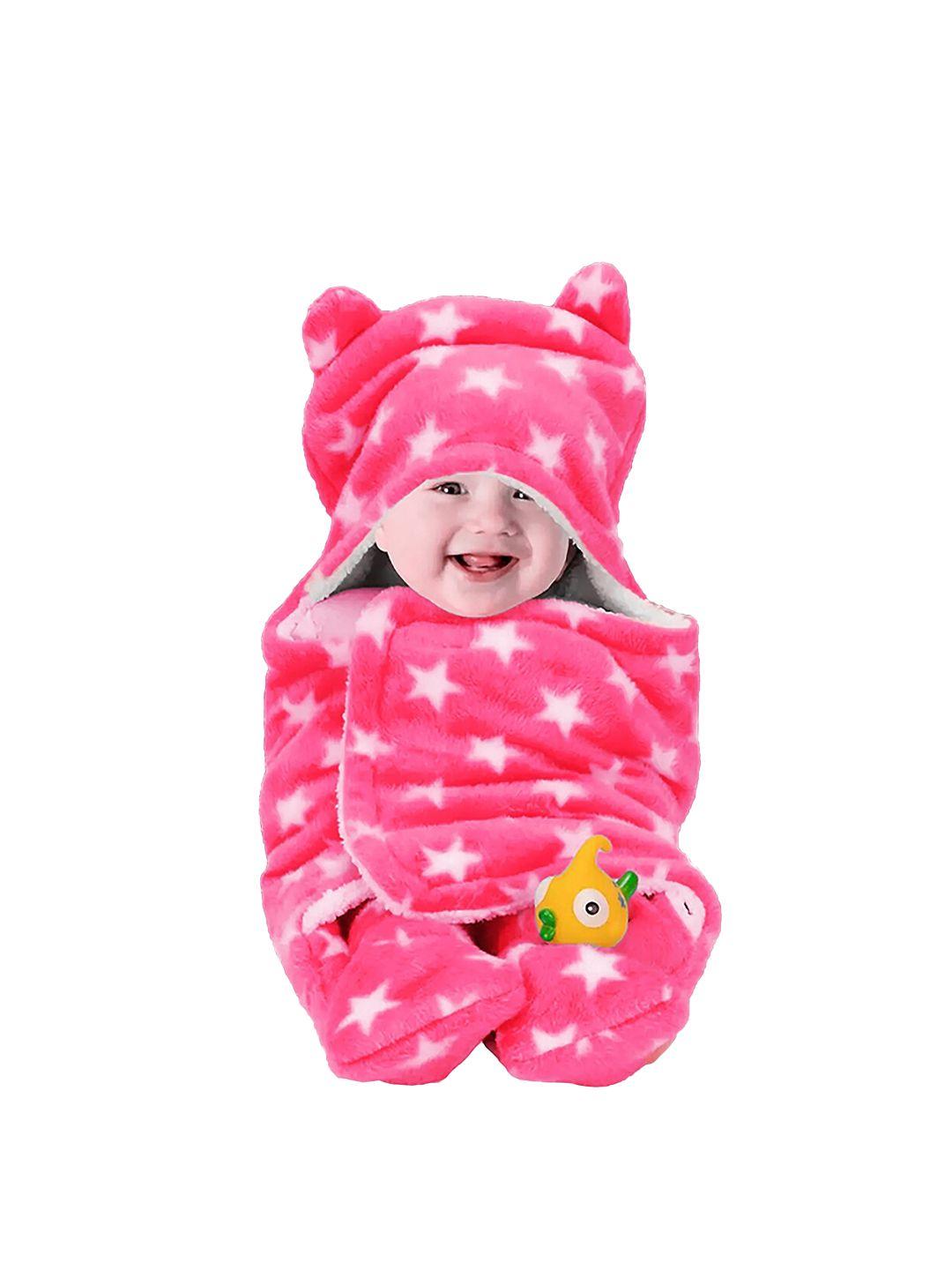 beybee infants kids pink & white printed 3 in 1 hooded baby blanket cum wrapper