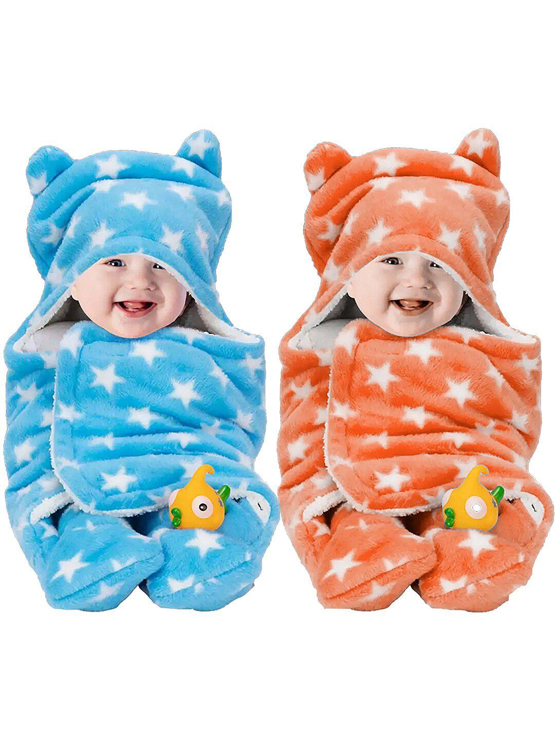 beybee kids pack of 2 blue & peach-coloured printed 3 in 1 hooded blanket cum wrapper