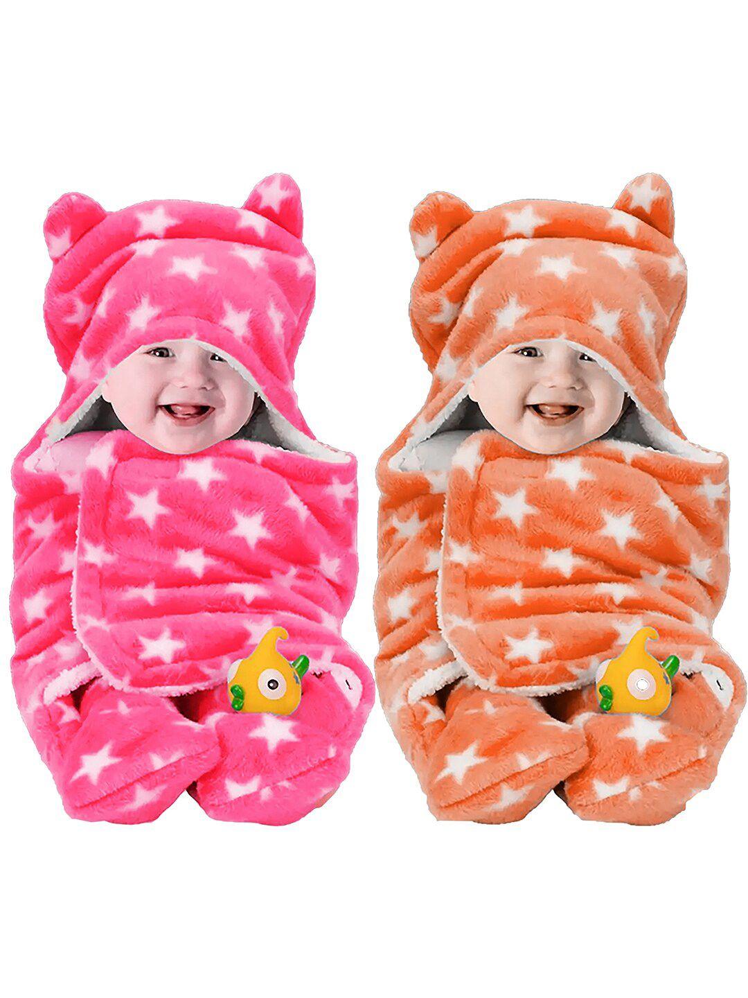 beybee kids pack of 2 pink & orange printed 3 in 1 hooded blanket cum wrapper