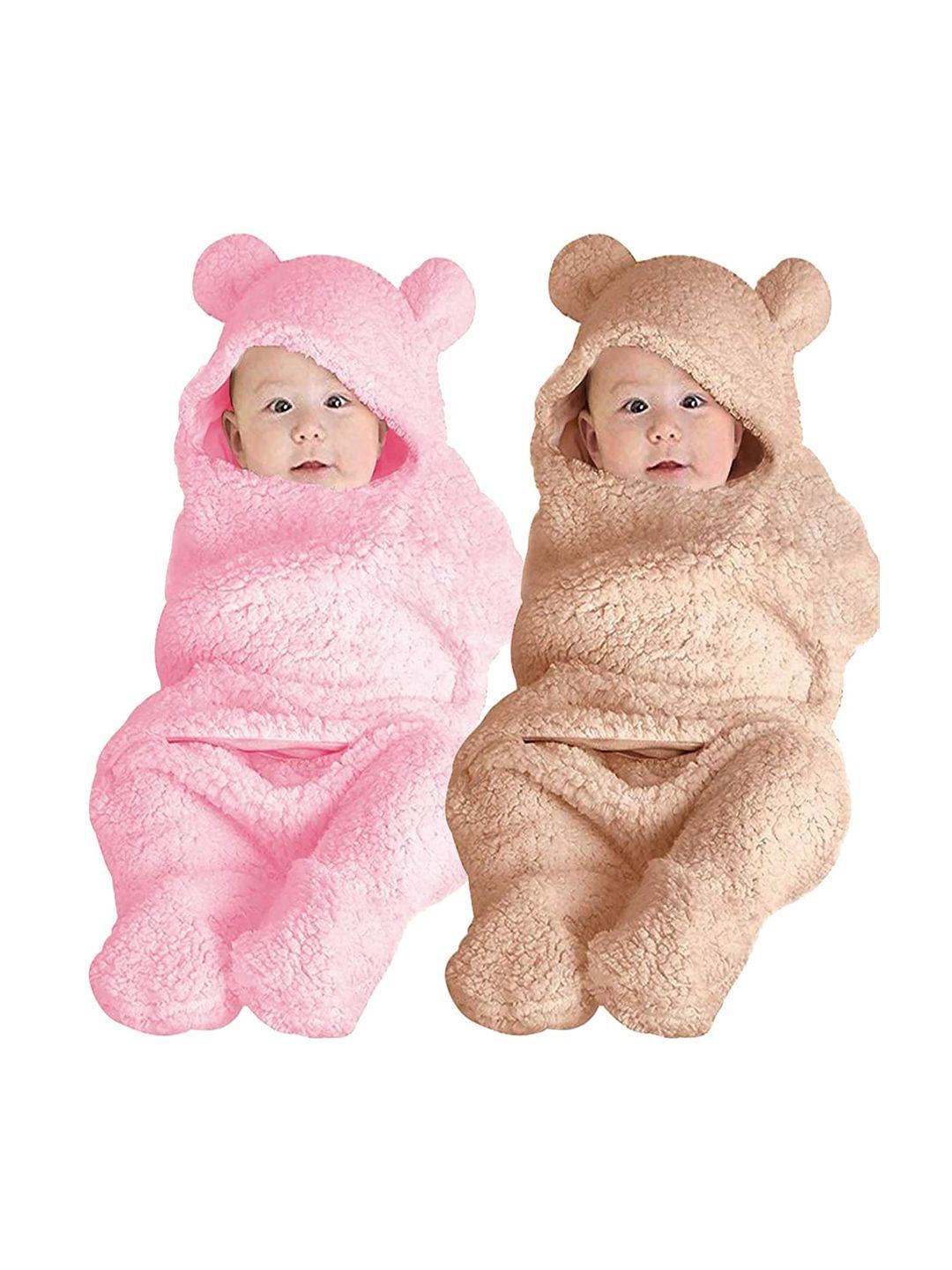 beybee pack of 2 pink & beige 3 in 1 hooded baby blanket cum wrapper