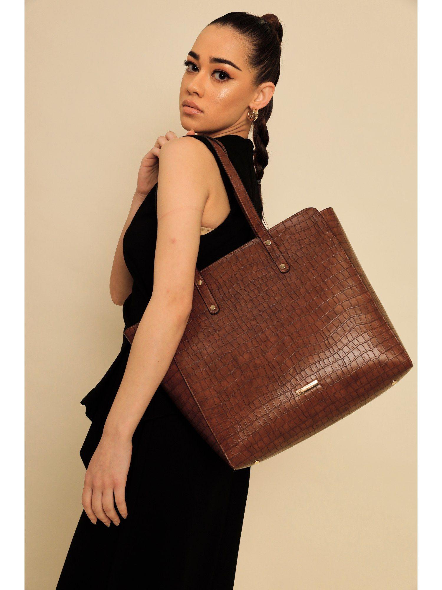beyond plus tote bag croco with zipper -brown (m)