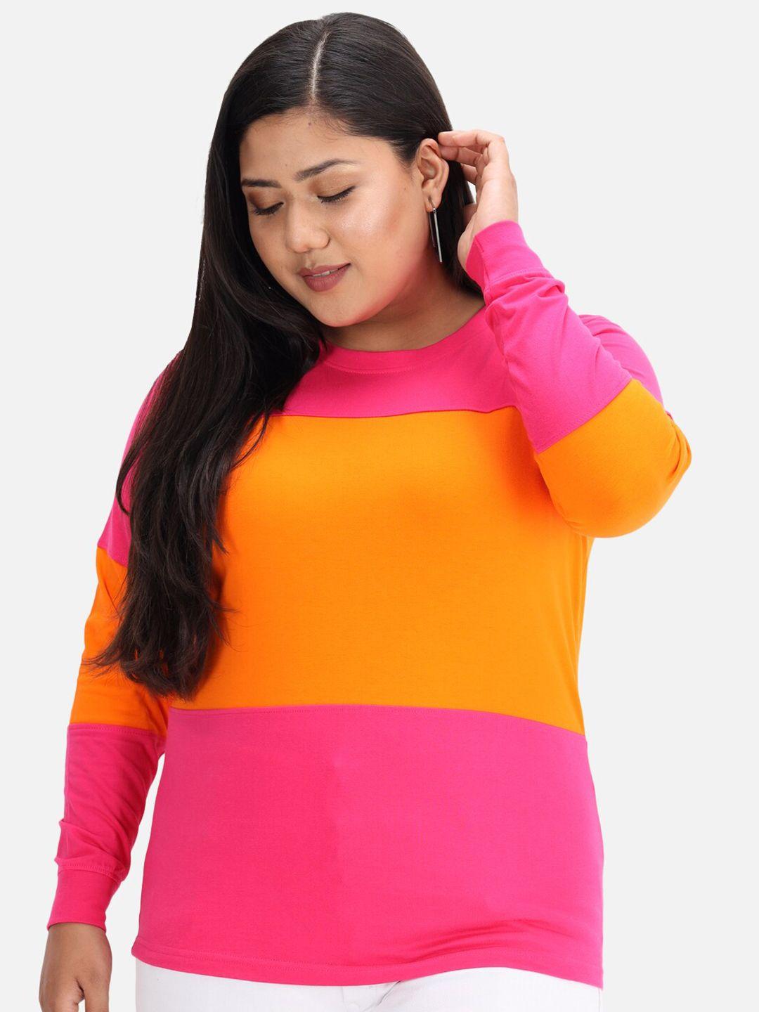 beyound size - the dry state women fuchsia pink & orange colourblocked cotton t-shirt