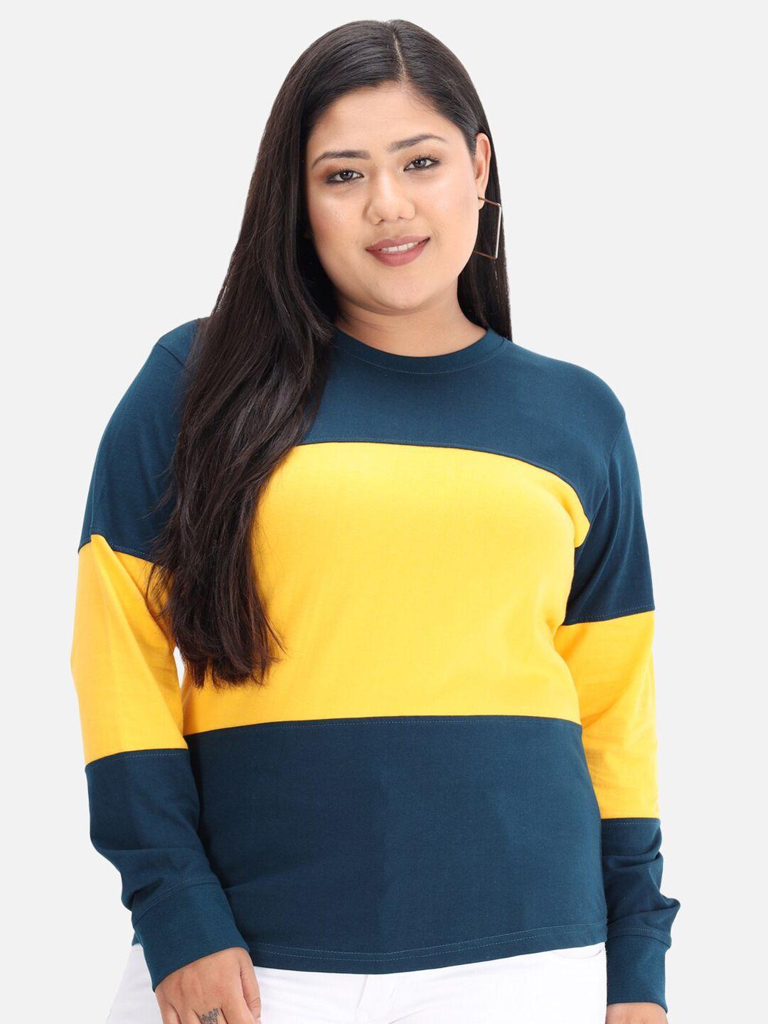 beyound size - the dry state women teal blue & yellow colourblocked t-shirt