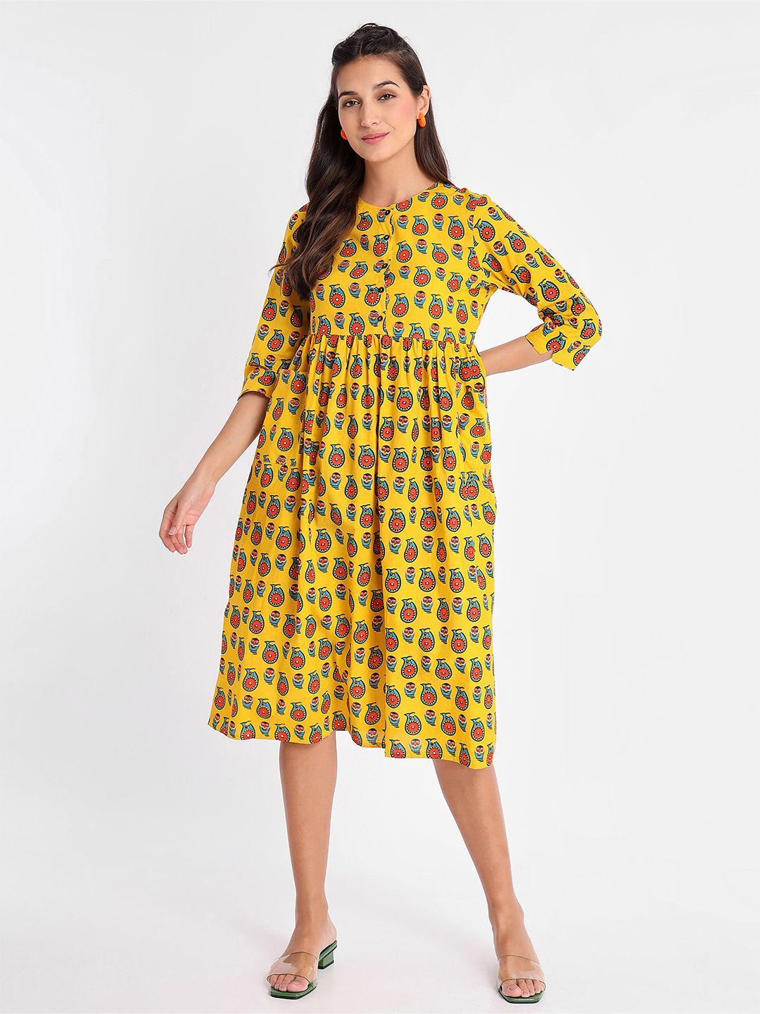 beyoung ethnic motifs printed gathered or pleated cotton fit & flare ethnic dress