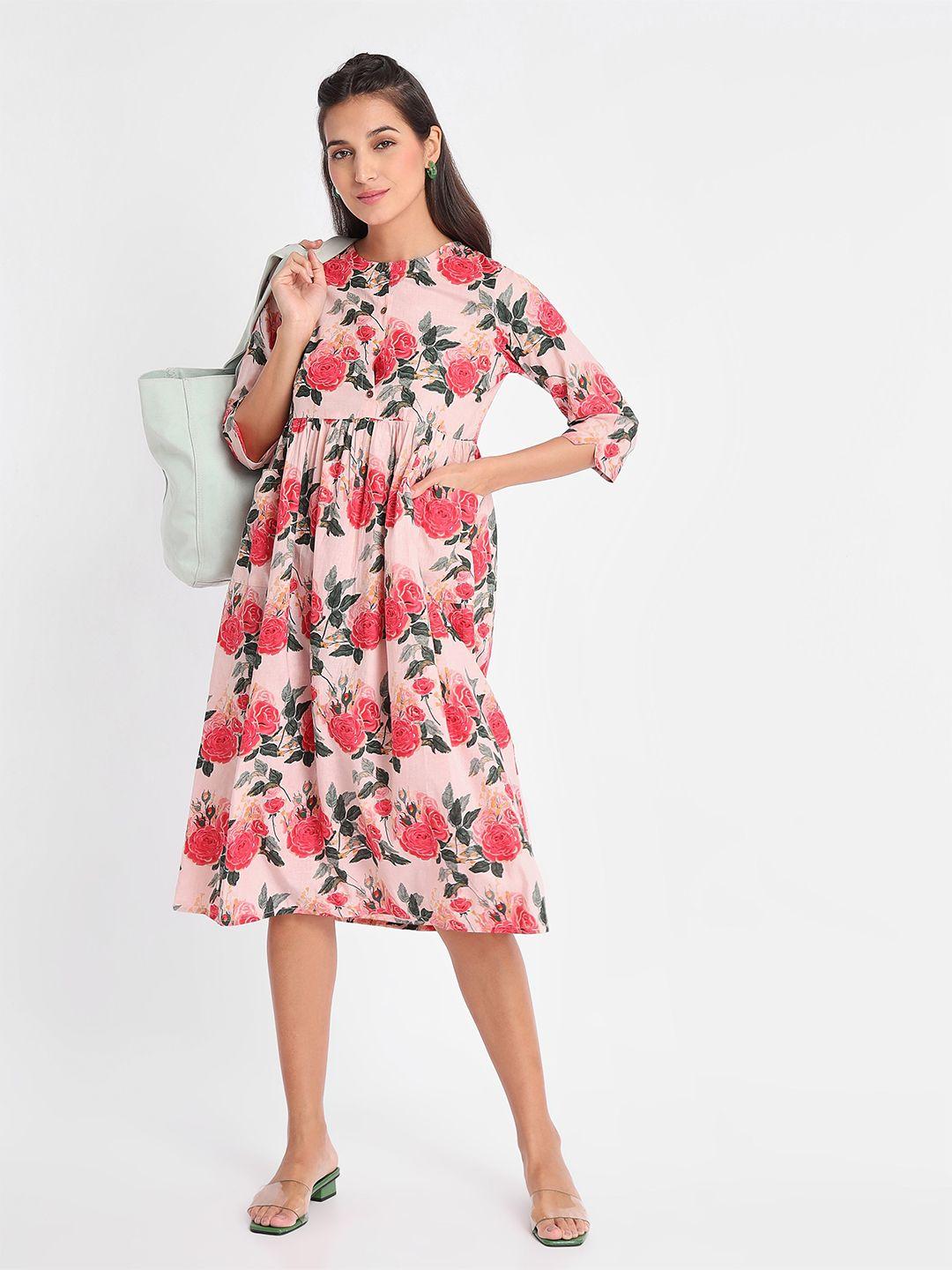 beyoung floral printed gathered or pleated cotton fit & flare ethnic dress