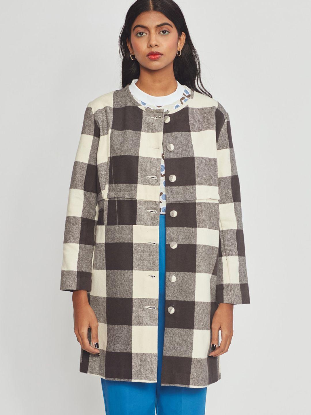 bhaane checked collarless cotton longline tailored jacket