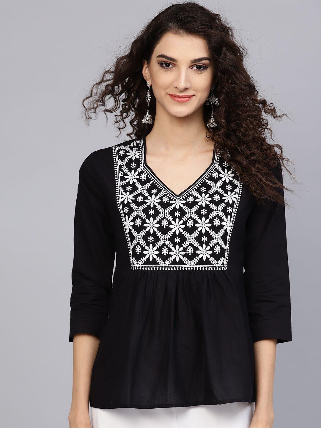 bhama couture black embroidered a-line pure cotton top