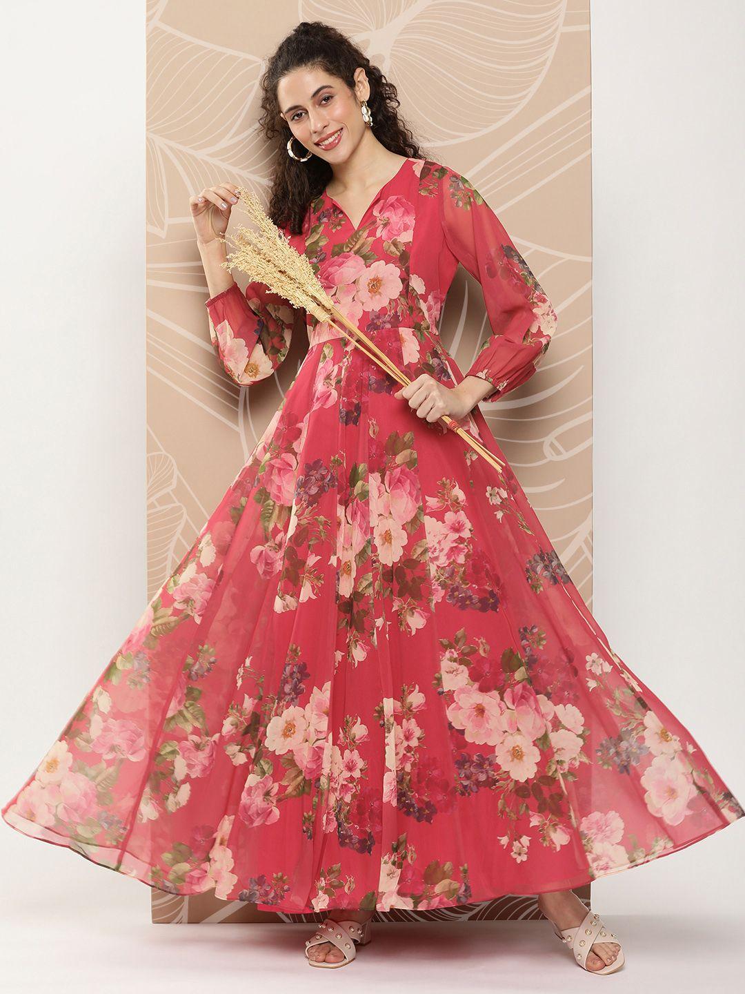 bhama couture floral print puff sleeves georgette fit & flare maxi ethnic dress